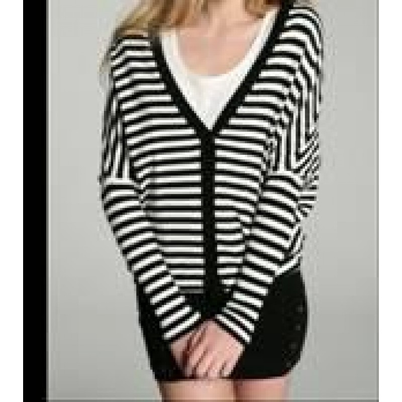 100%Cashmere Sweater Cardigan Black Stripe V-neck Lady Winter Sweater  